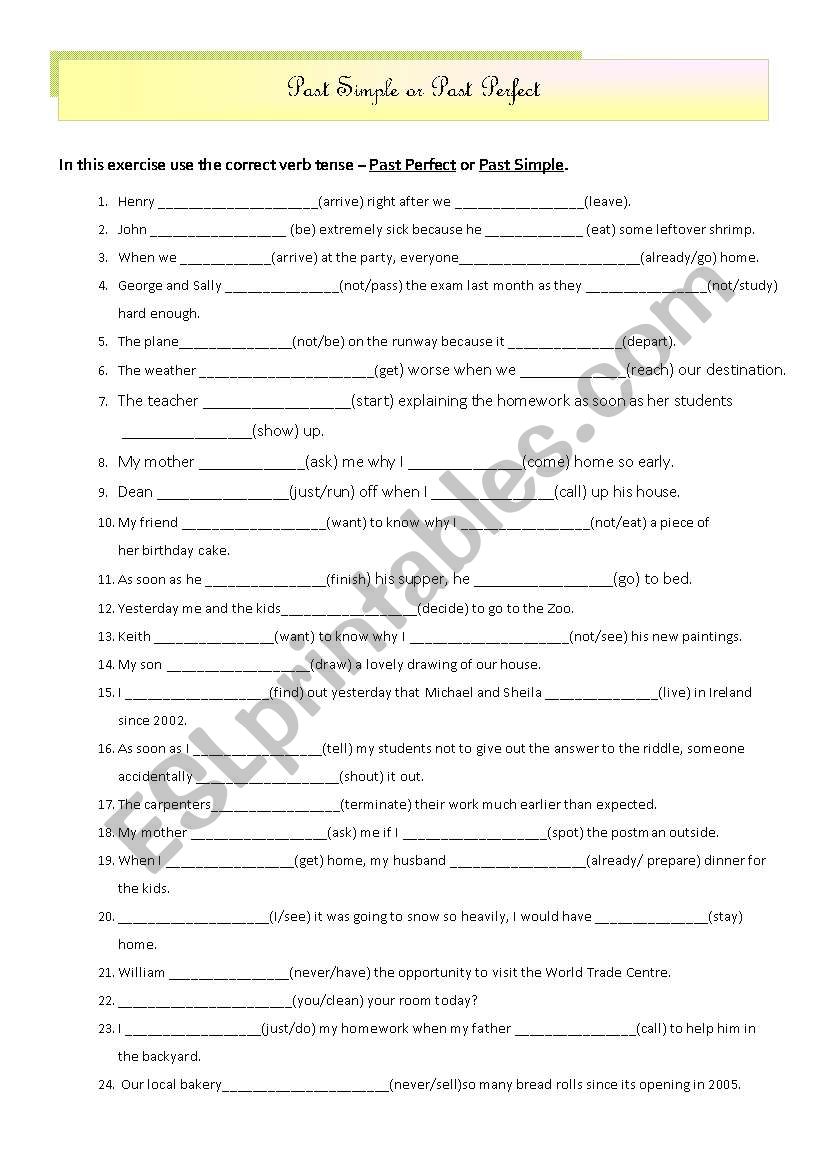 Past Simple and Past Perfect worksheet