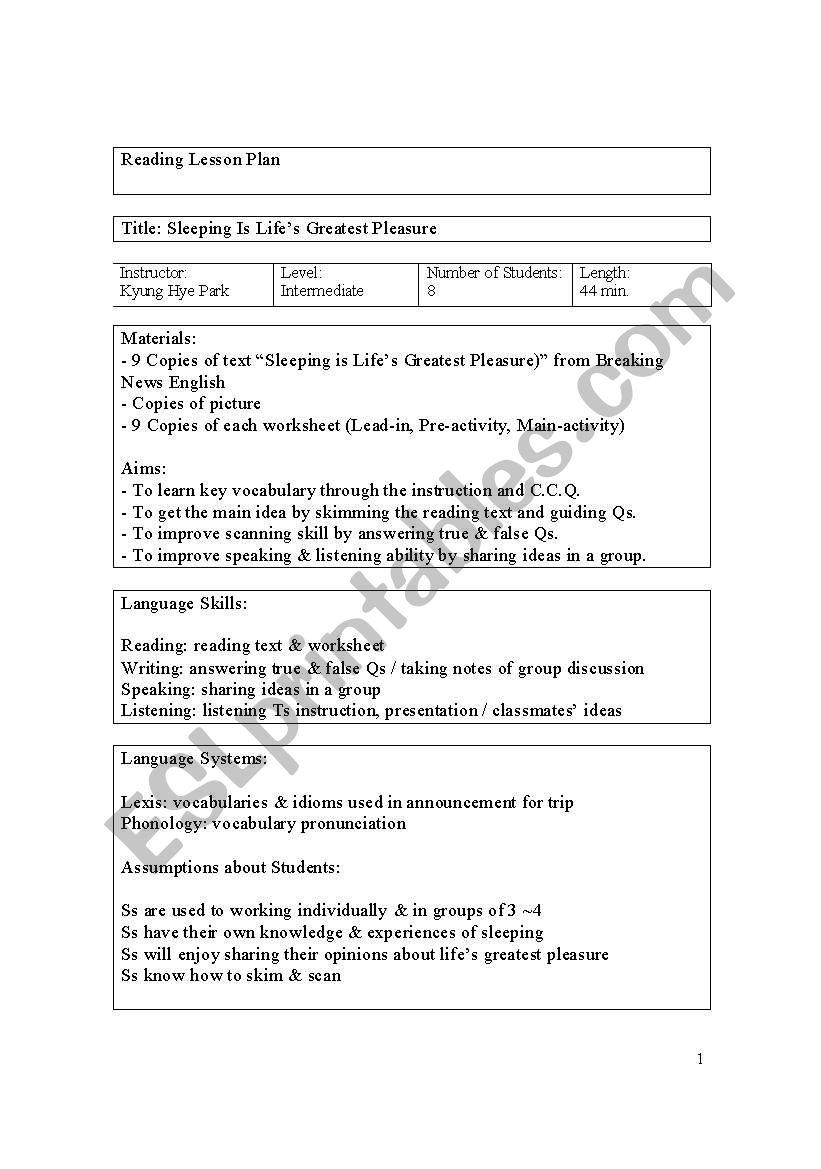 Sleeping Is Lifes Greatest Pleasure(Reading Lesson Plan)