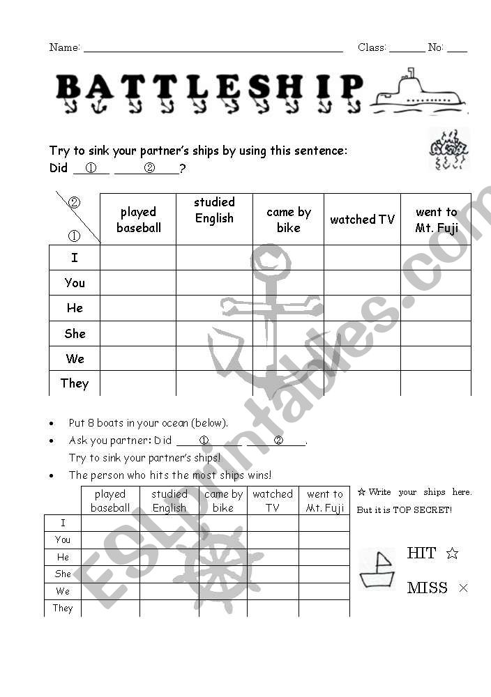 Past Tense Battleship Esl Worksheet By Gsuiris