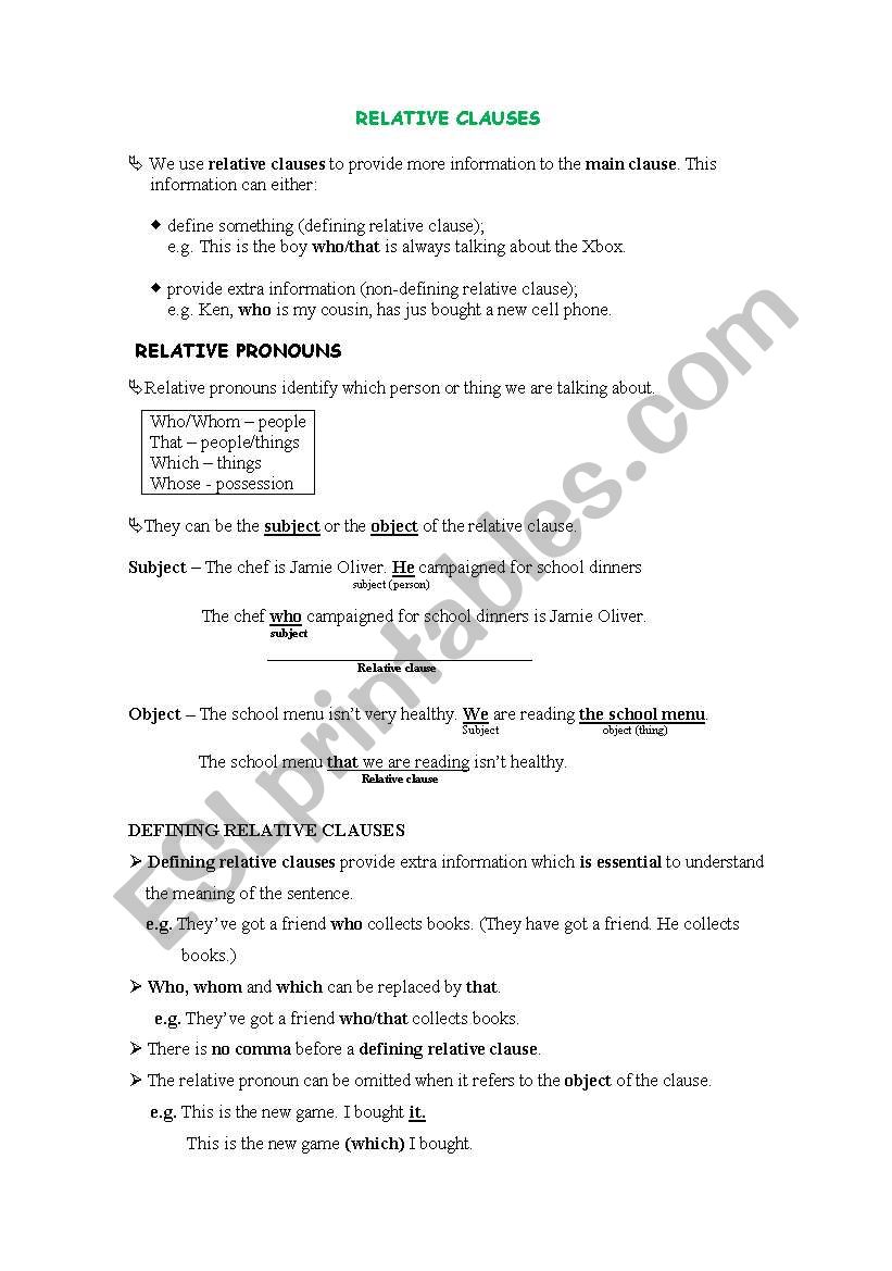 Relative clauses part 1 worksheet