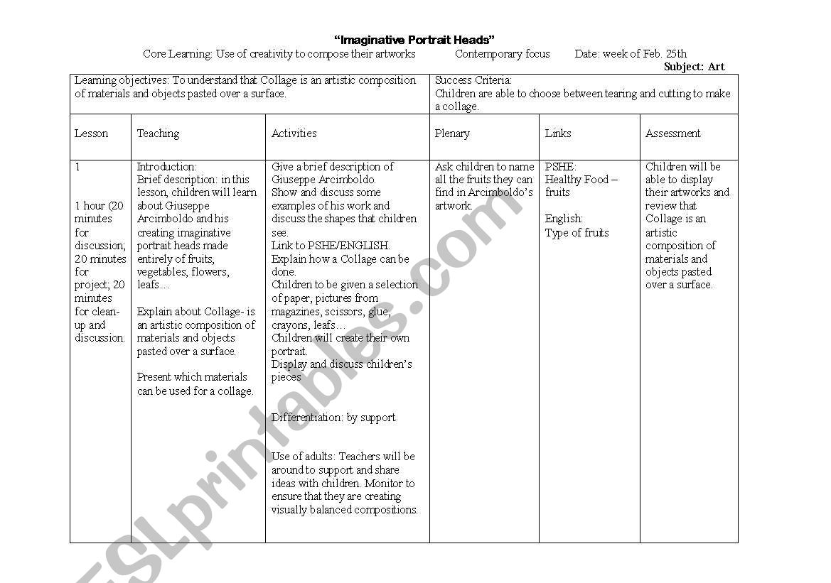Art lesson - Archimboldo worksheet