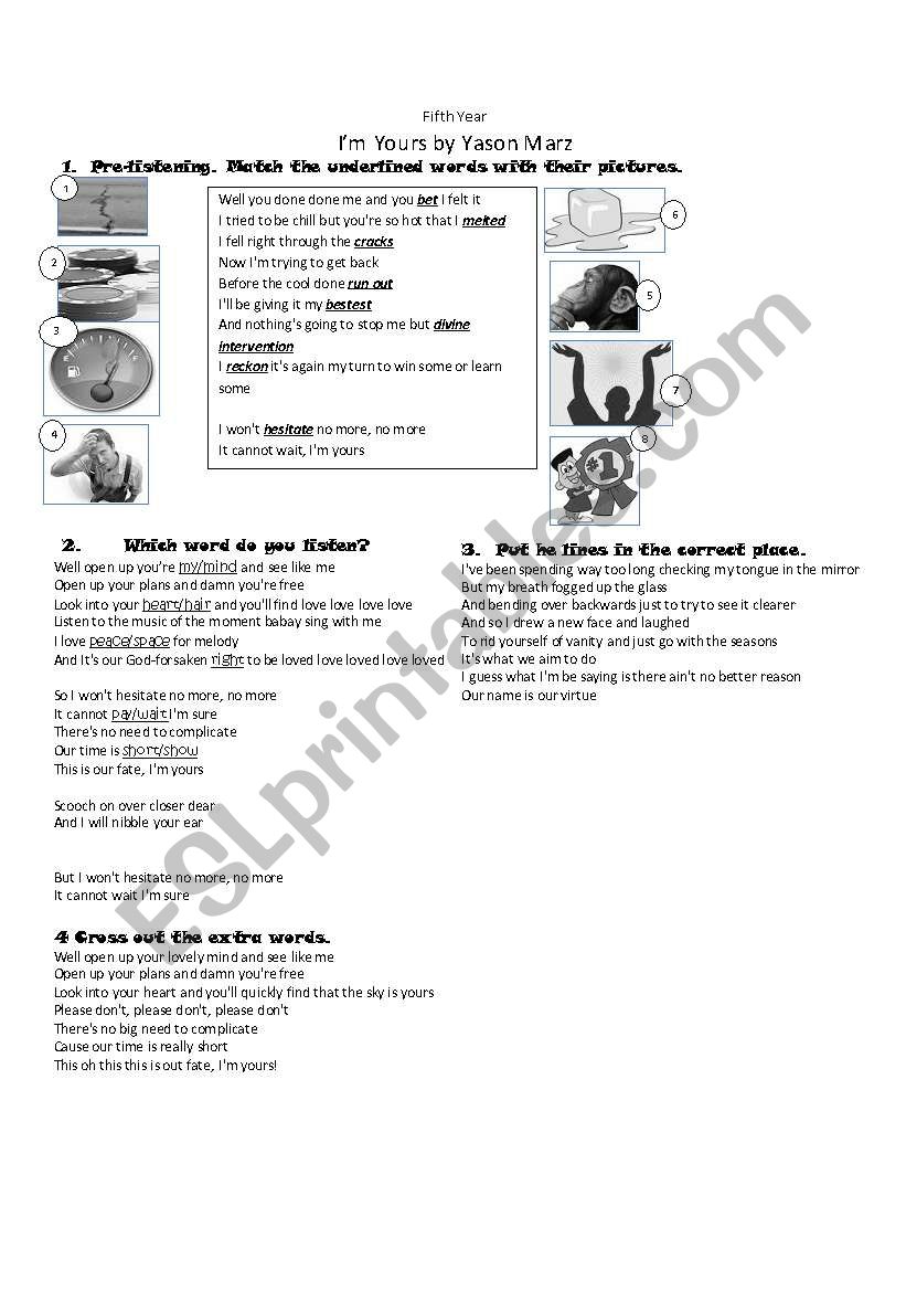 Im Yours by Jason Marz worksheet