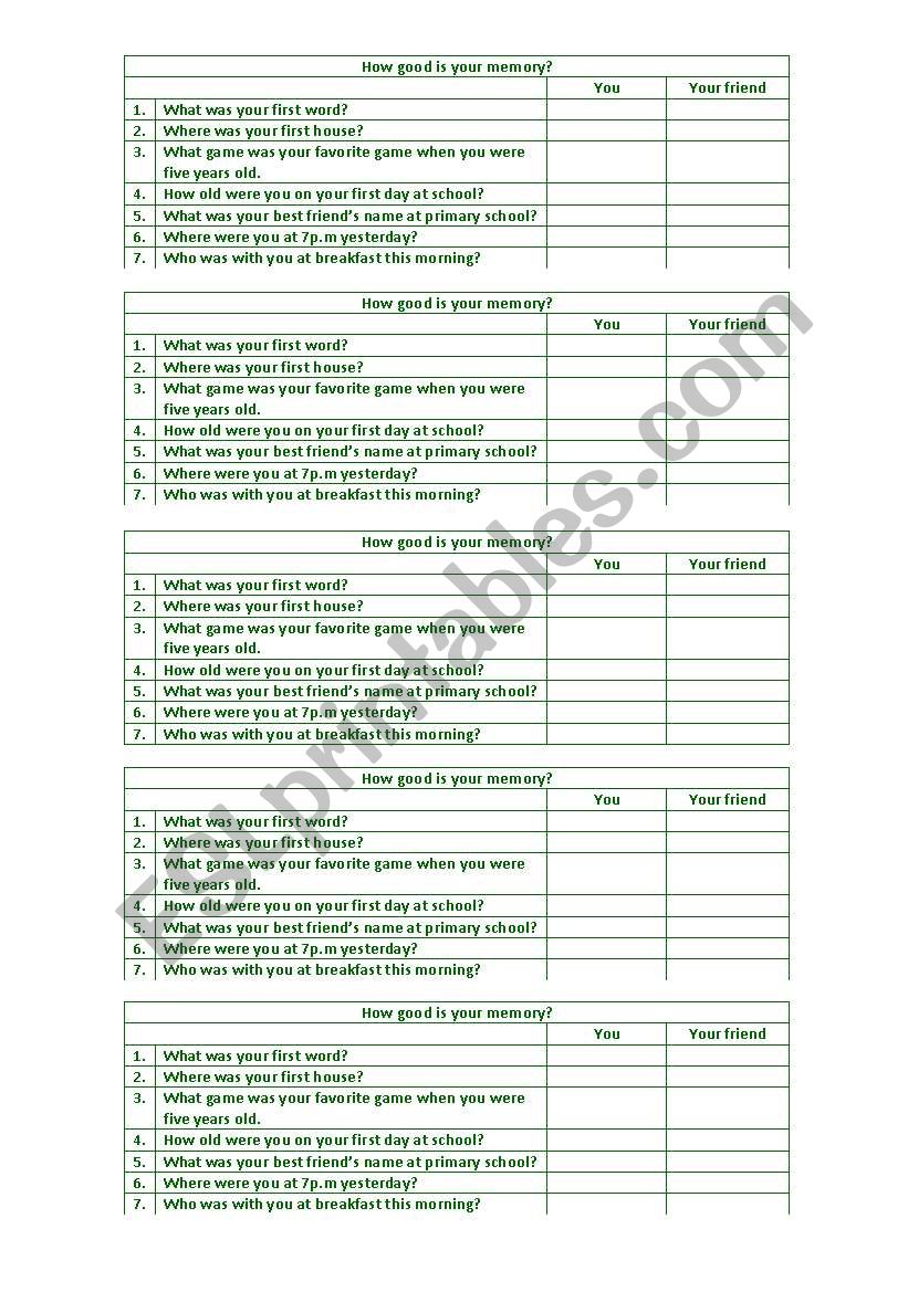 How good is your memory? worksheet