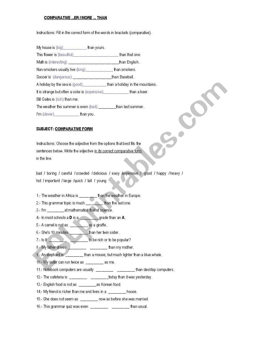 Comparatives Exercises worksheet