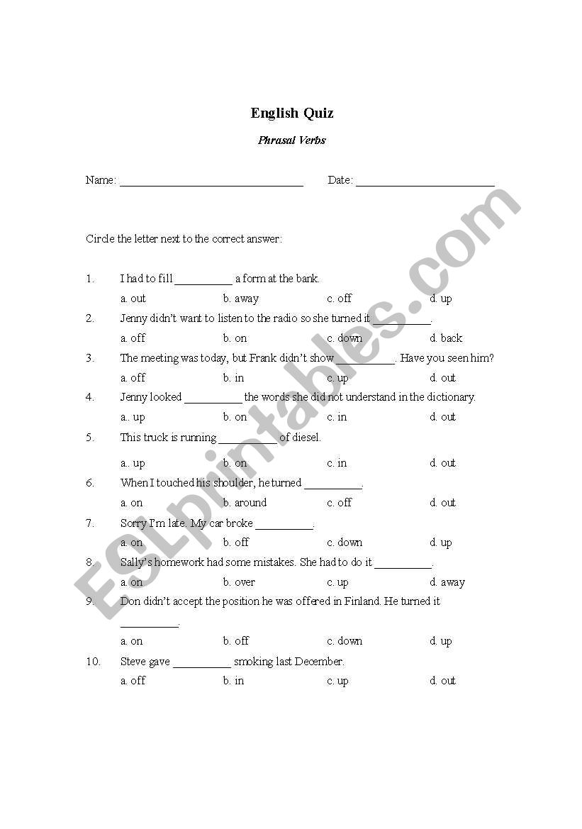 English Quiz - Phrasal Verbs worksheet