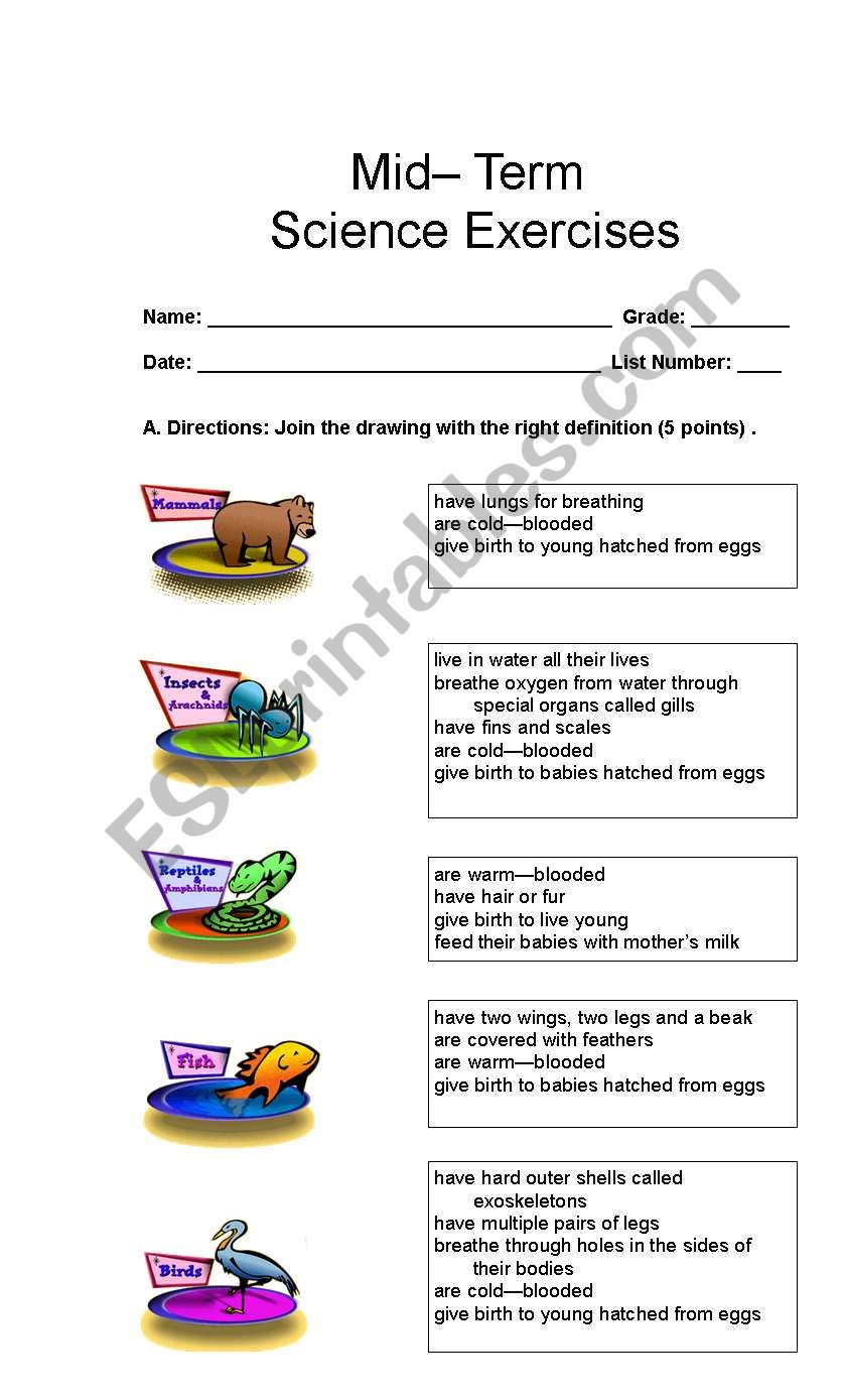 Science Mid-Term Exercises worksheet