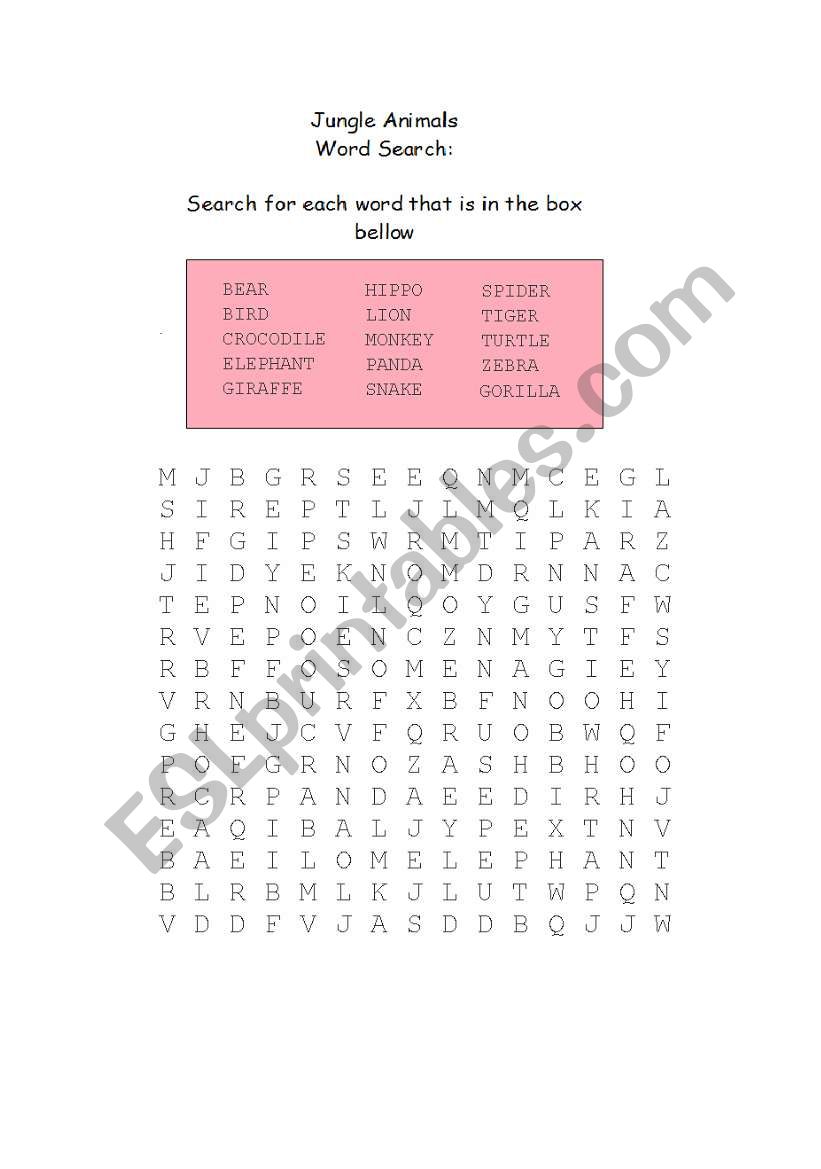Jungle Animals: Word Search worksheet
