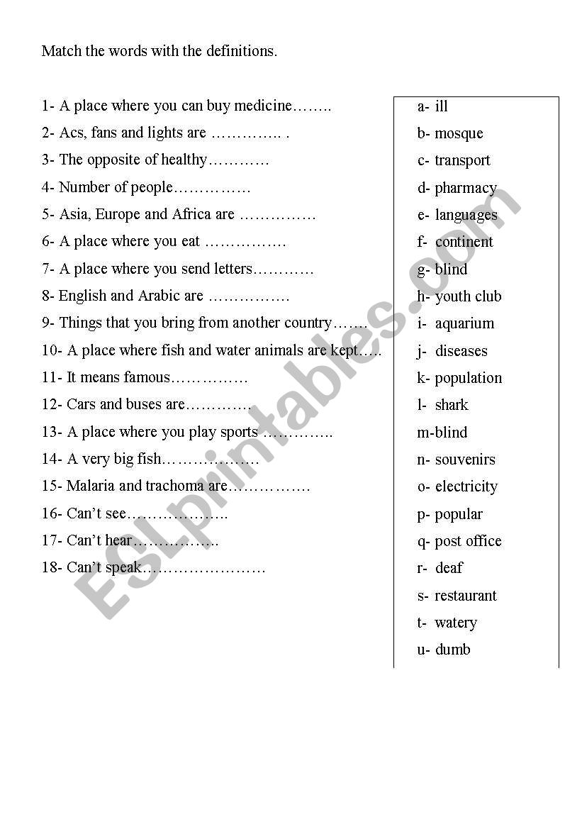 vocabulary matching worksheet