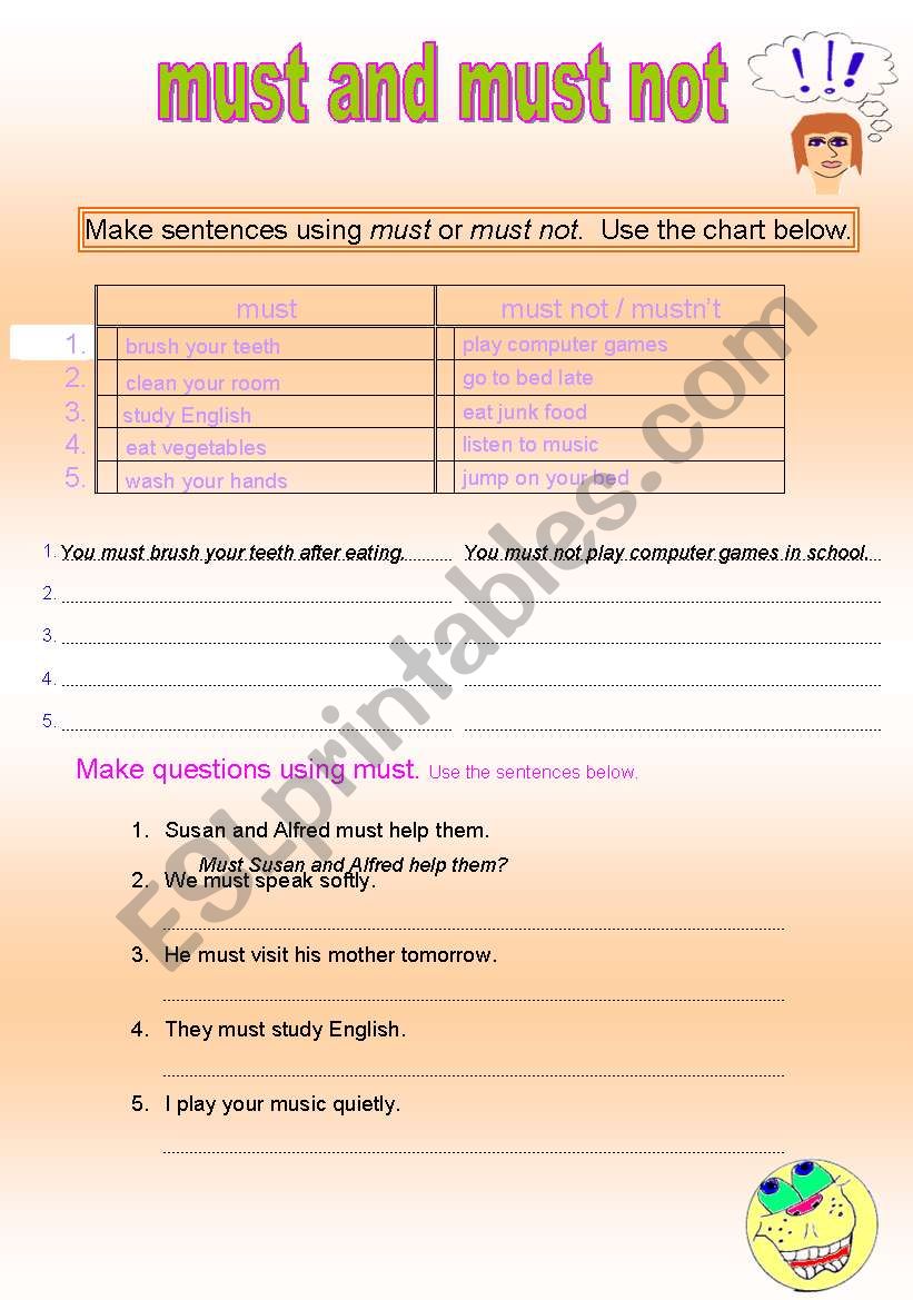 must and must not worksheet