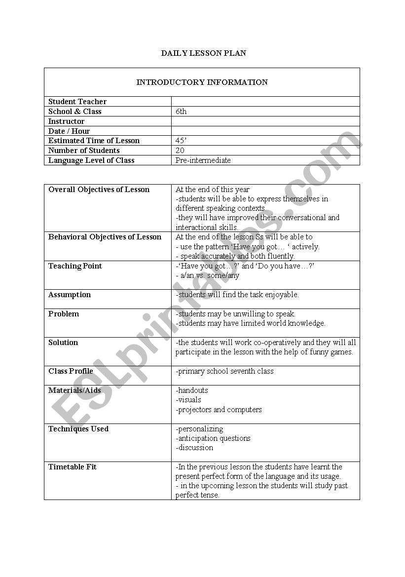 LESSON PLAN (FOODS) worksheet