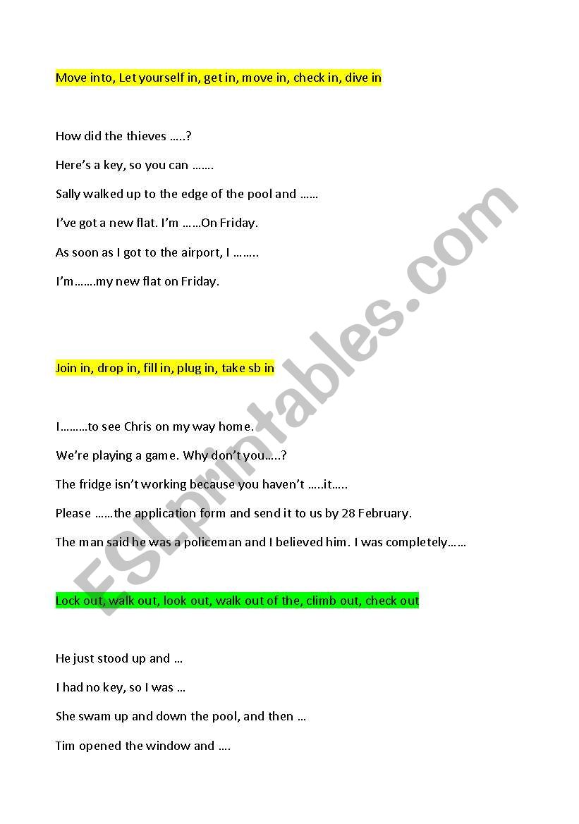 Phrasal verbs in and out worksheet