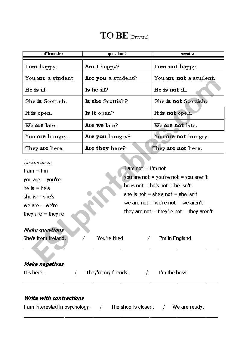 TO BE chart worksheet