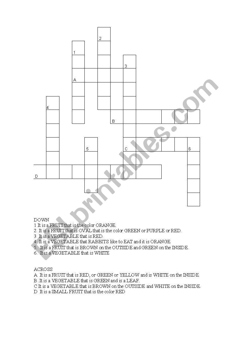 Fruit and Veggies Crossword Puzzle