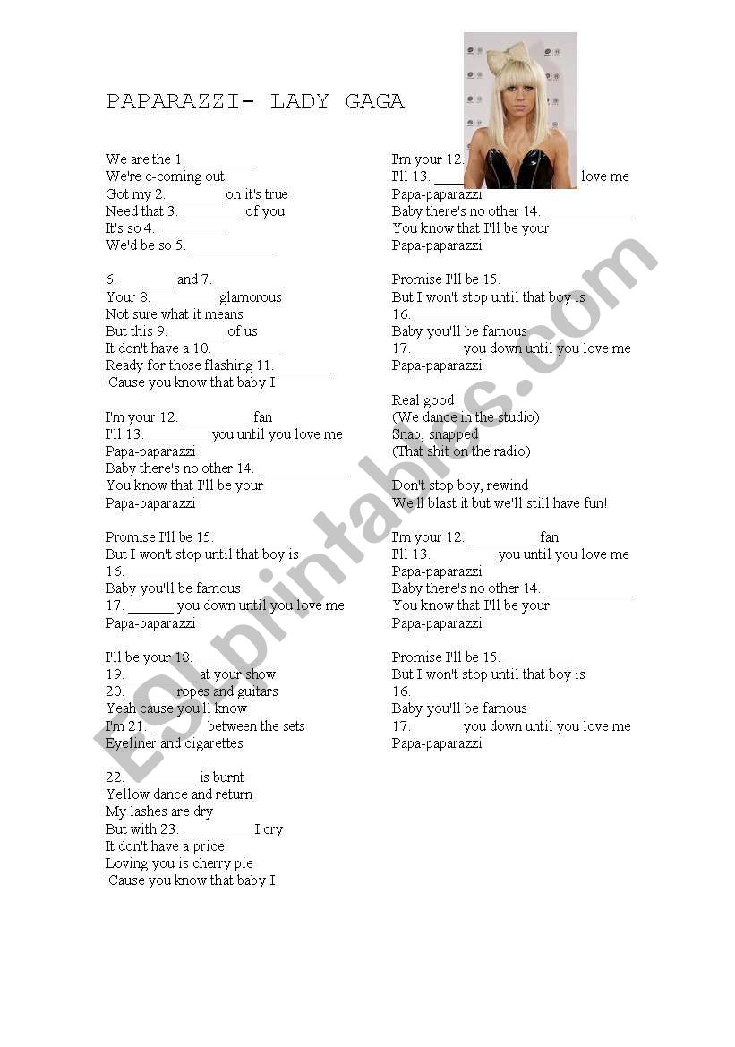 Lady Gaga- Paparazzi worksheet