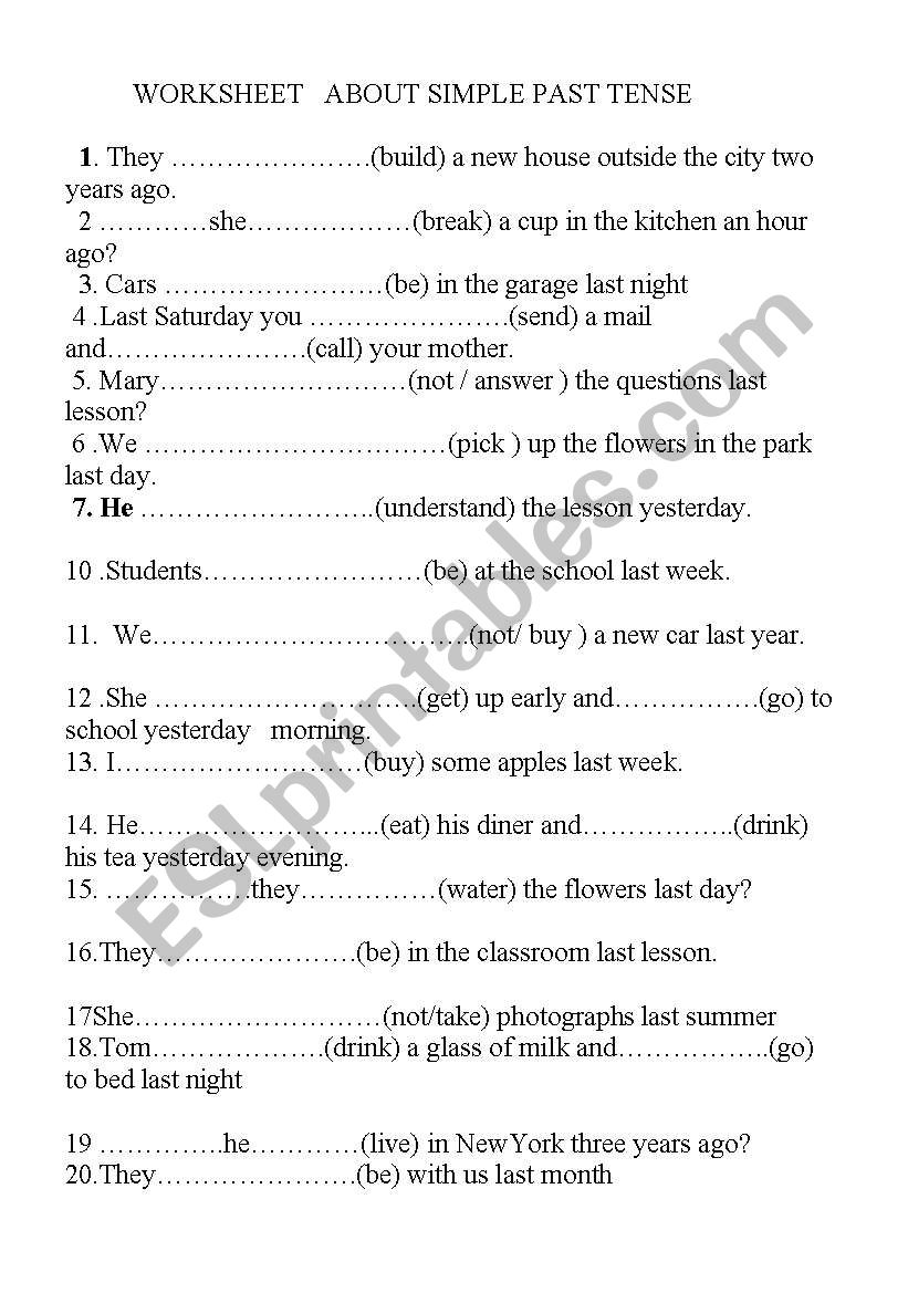 worksheet about simple past tense