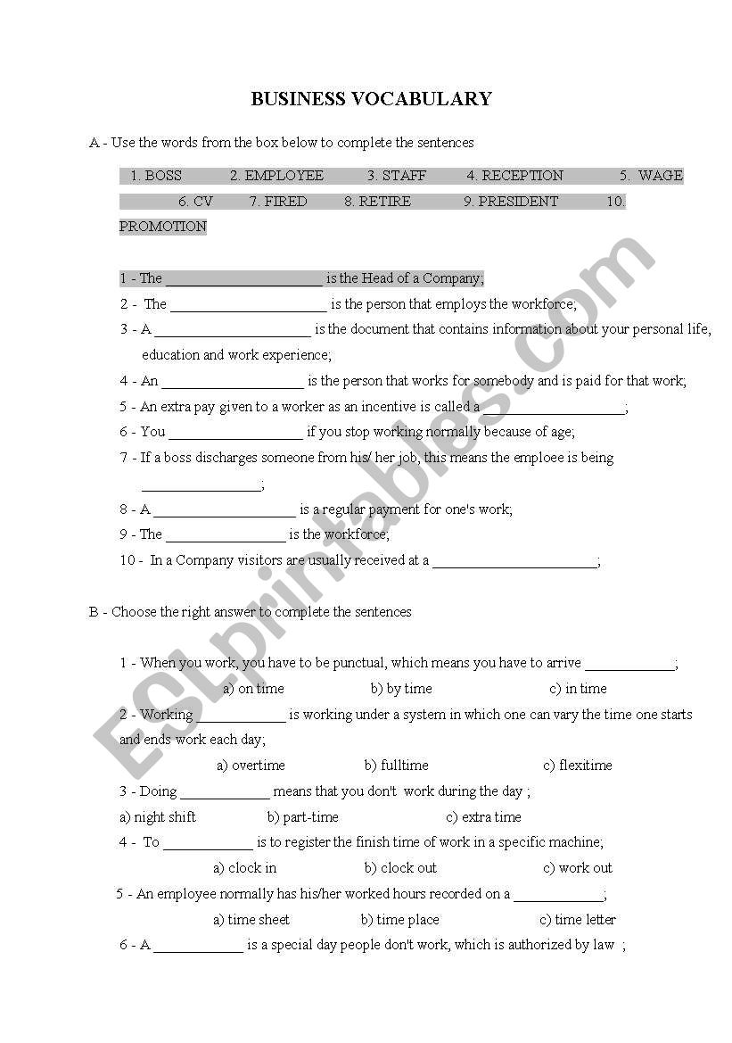 business vocabulary worksheet