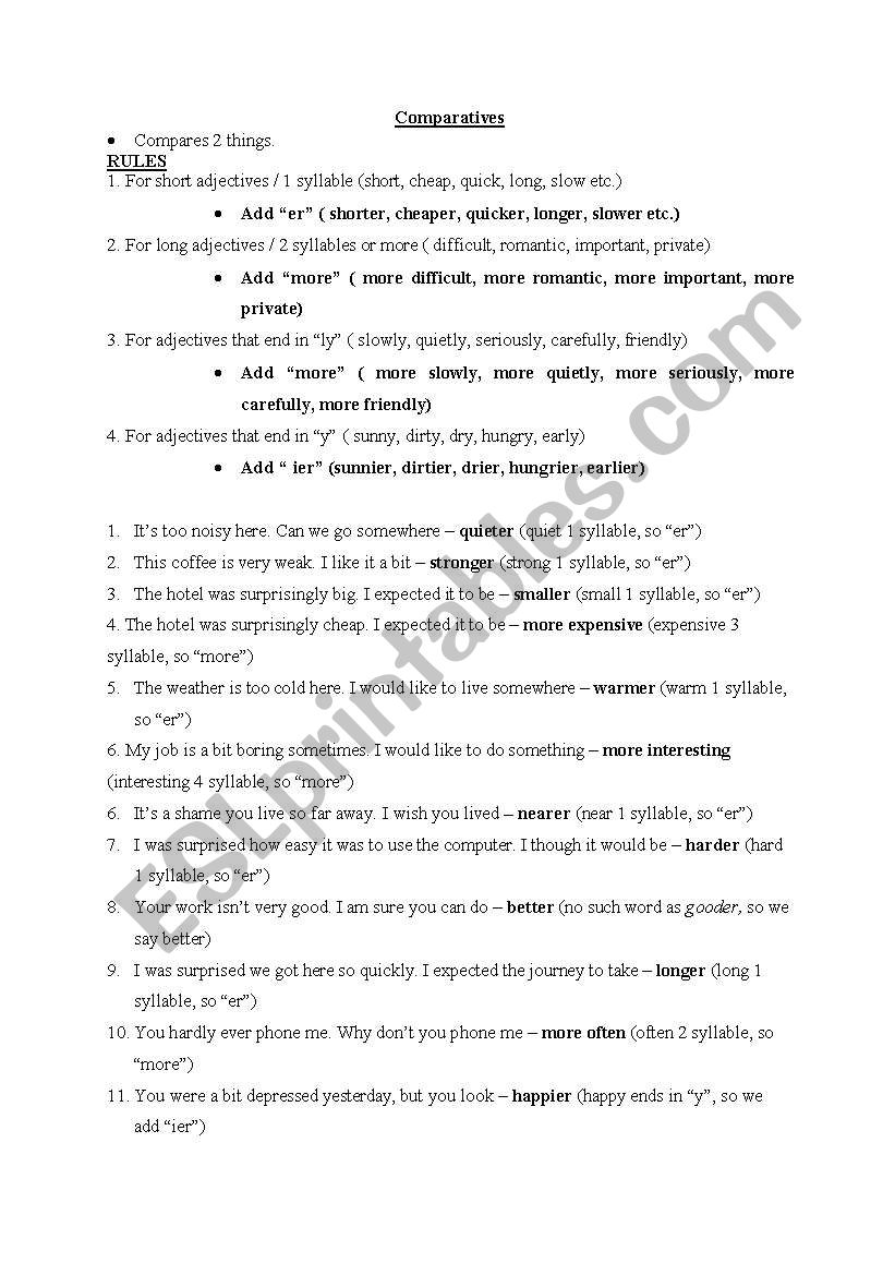 Rules of Comparatives worksheet