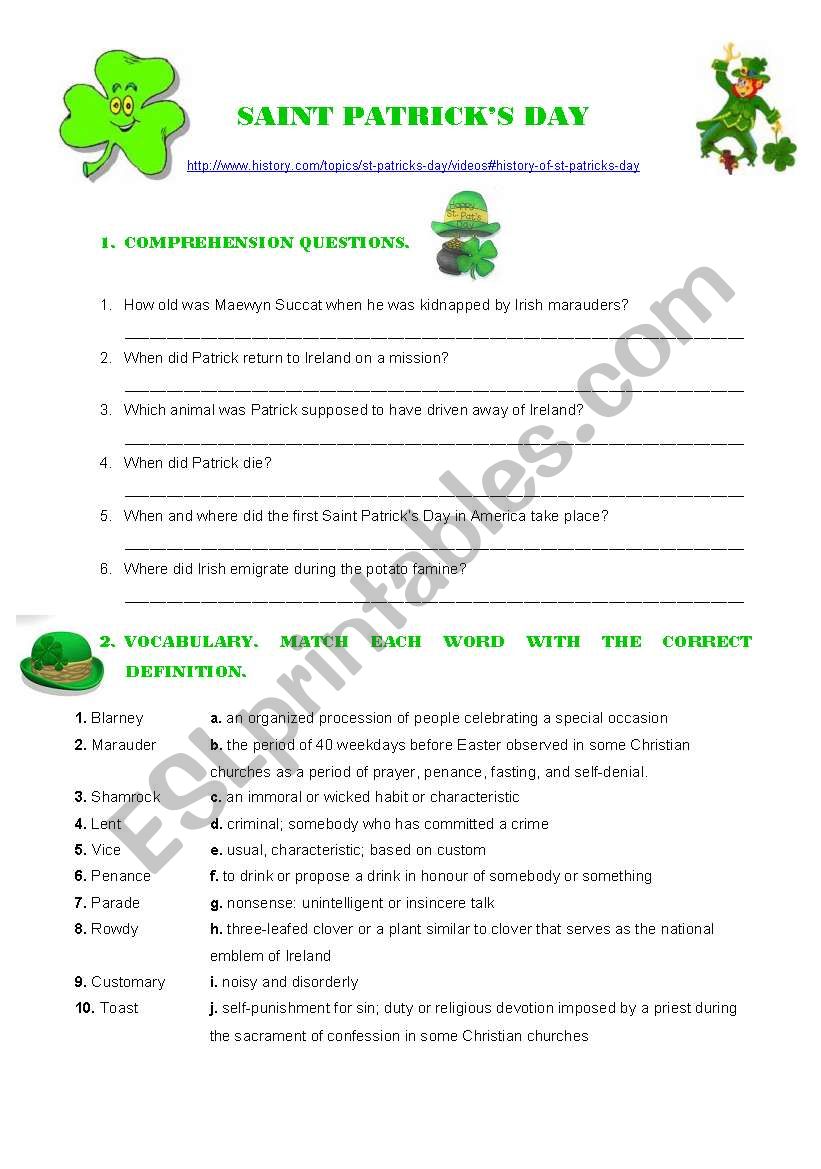 Saint PAtricks Day Video Activities. Video Link + Exercises + Key + Transcript!!!