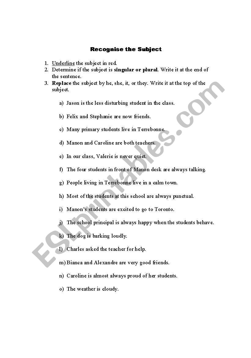 Recognise the subject worksheet