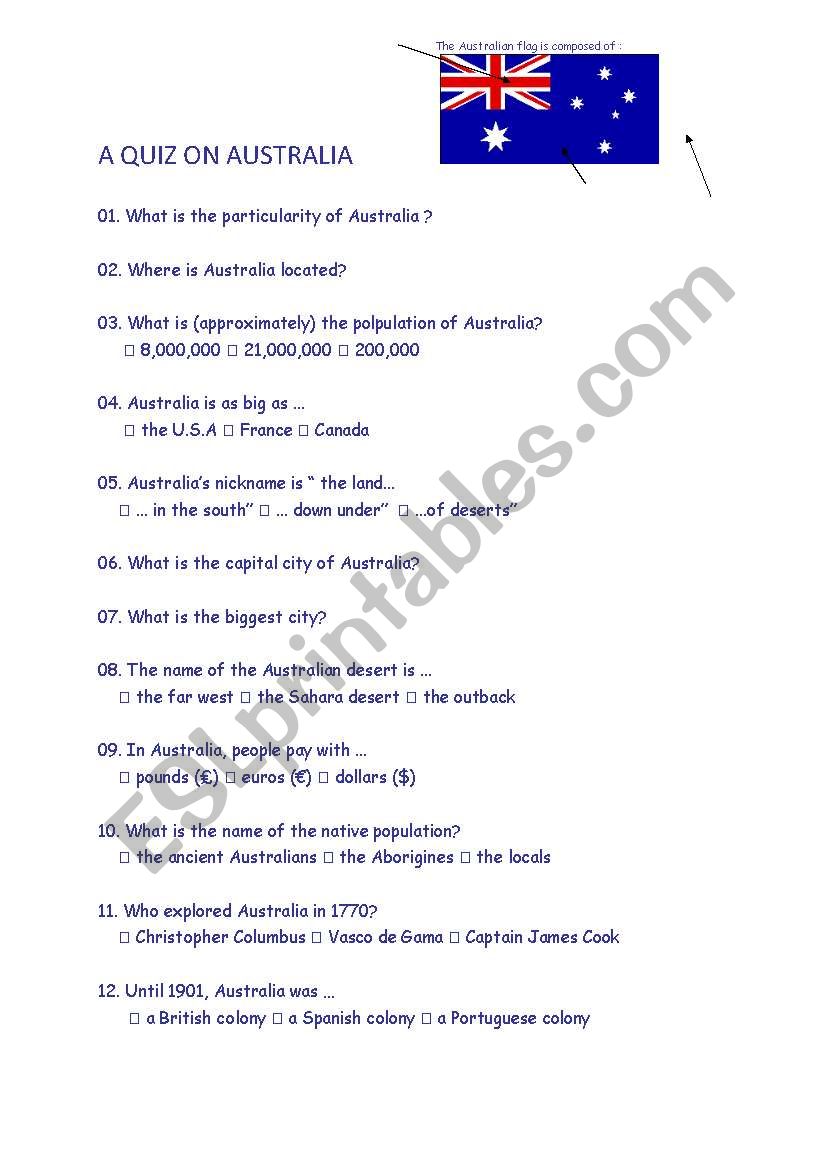 Quiz on Australia worksheet