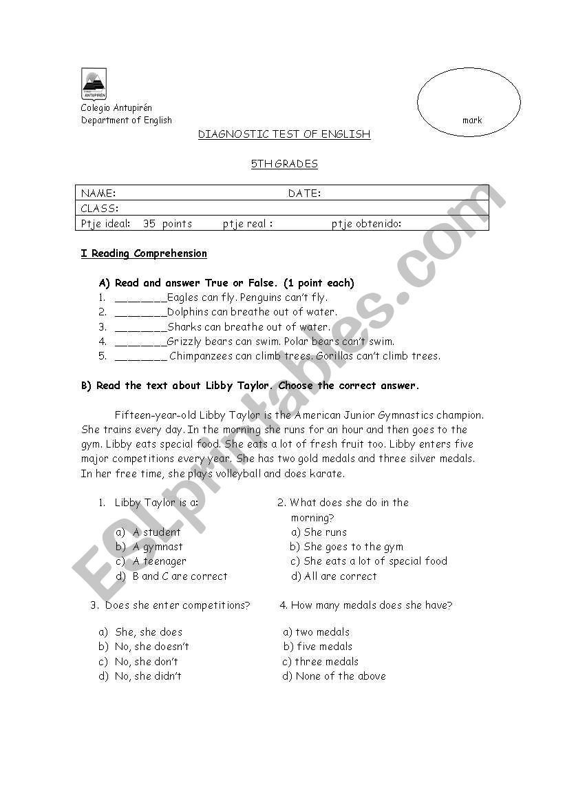 Diagnostic test worksheet