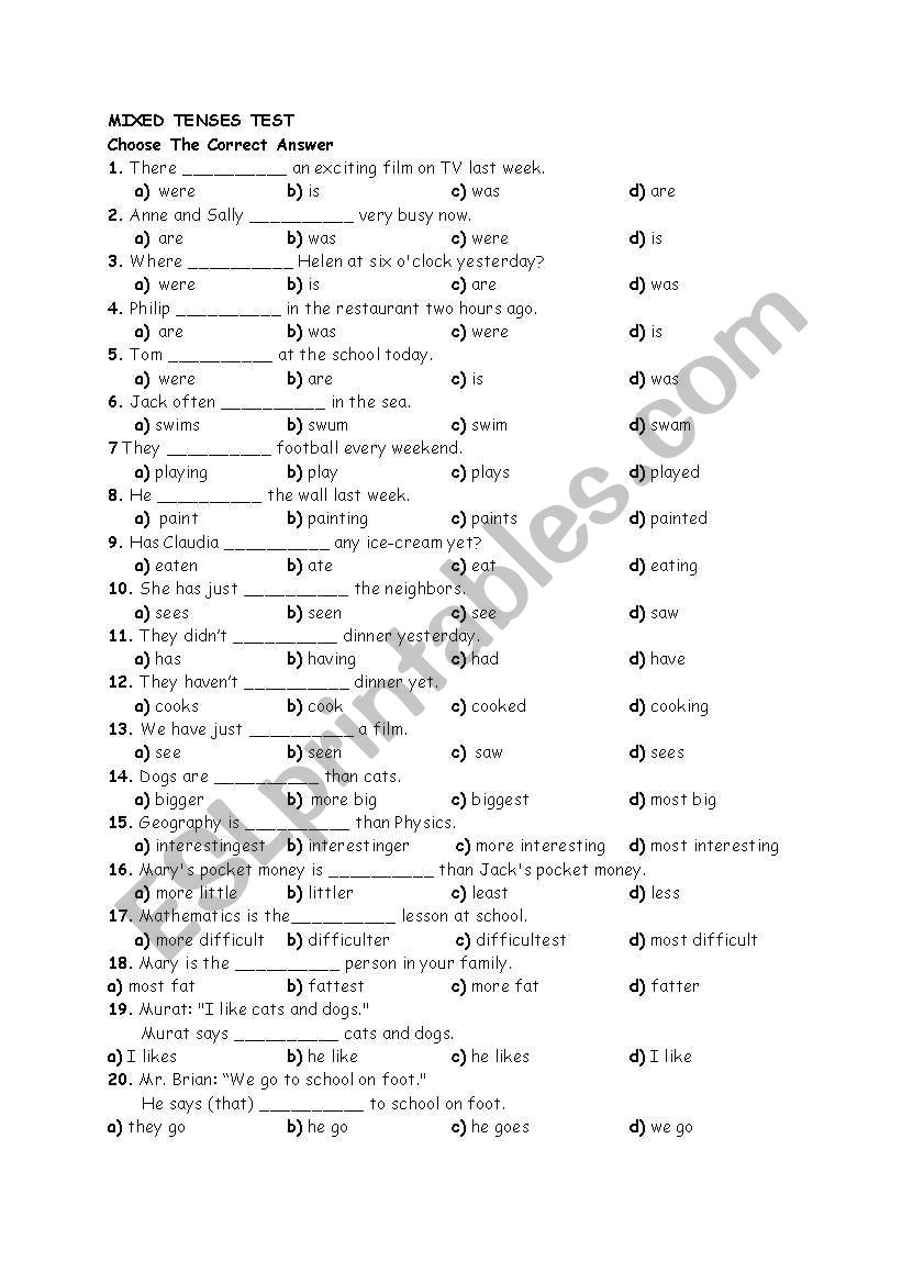 mixed tenses test worksheet