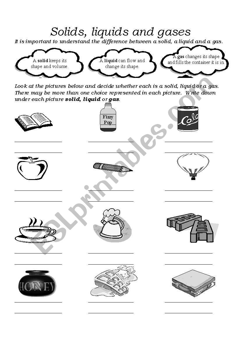 Solids, liquids and gases - ESL worksheet by fghanna For Solid Liquid Gas Worksheet