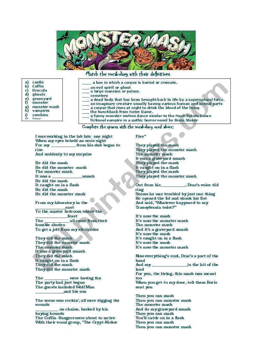 Monster mash lyrics worksheet