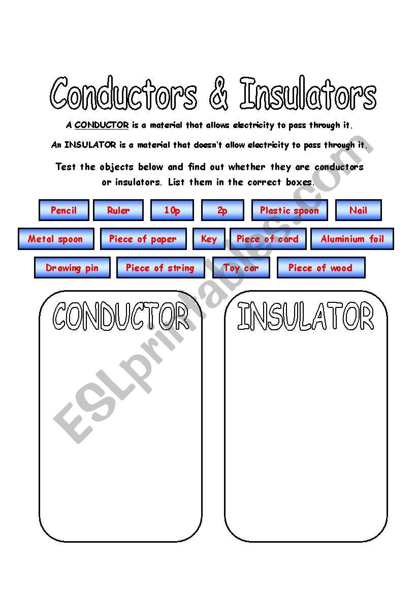 English worksheets: Conductors & Insulators (Experiment) Pertaining To Conductors And Insulators Worksheet