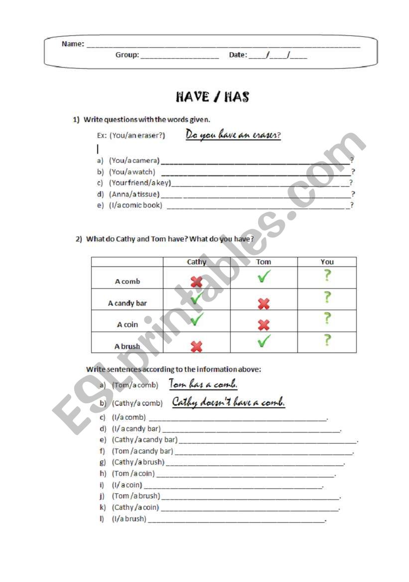 Possessions (Have/Has) - Worksheet