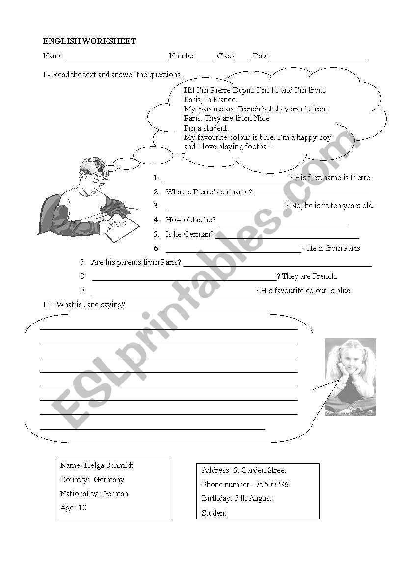 Reading and Writing worksheet
