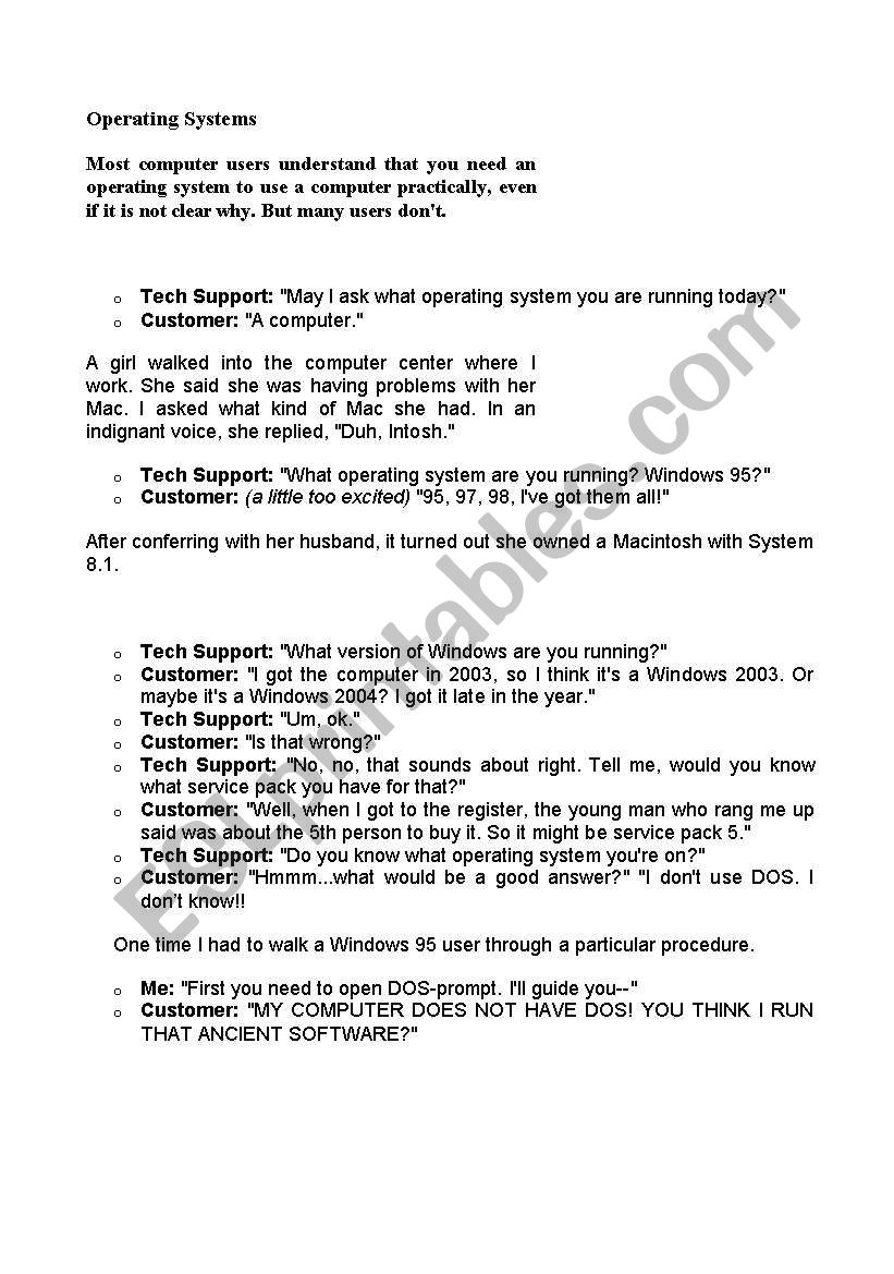 operating system worksheet