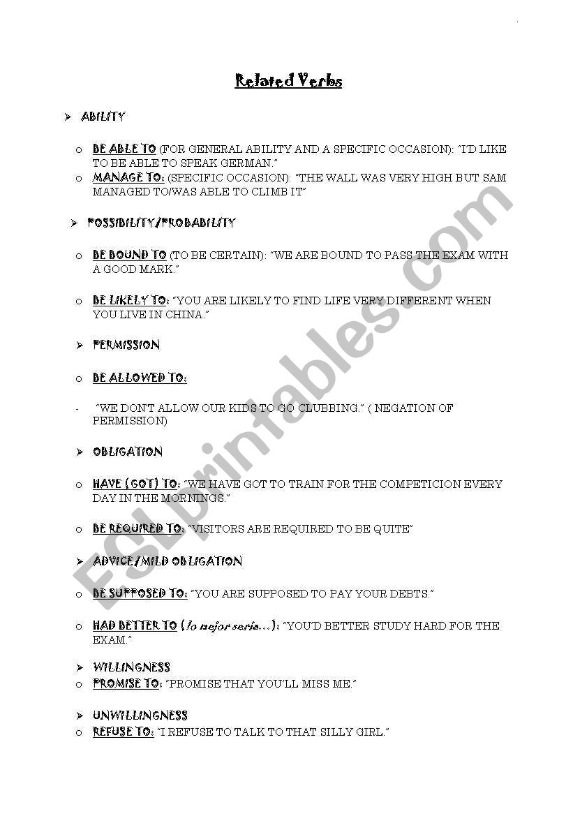 Related verbs (MODAL) worksheet