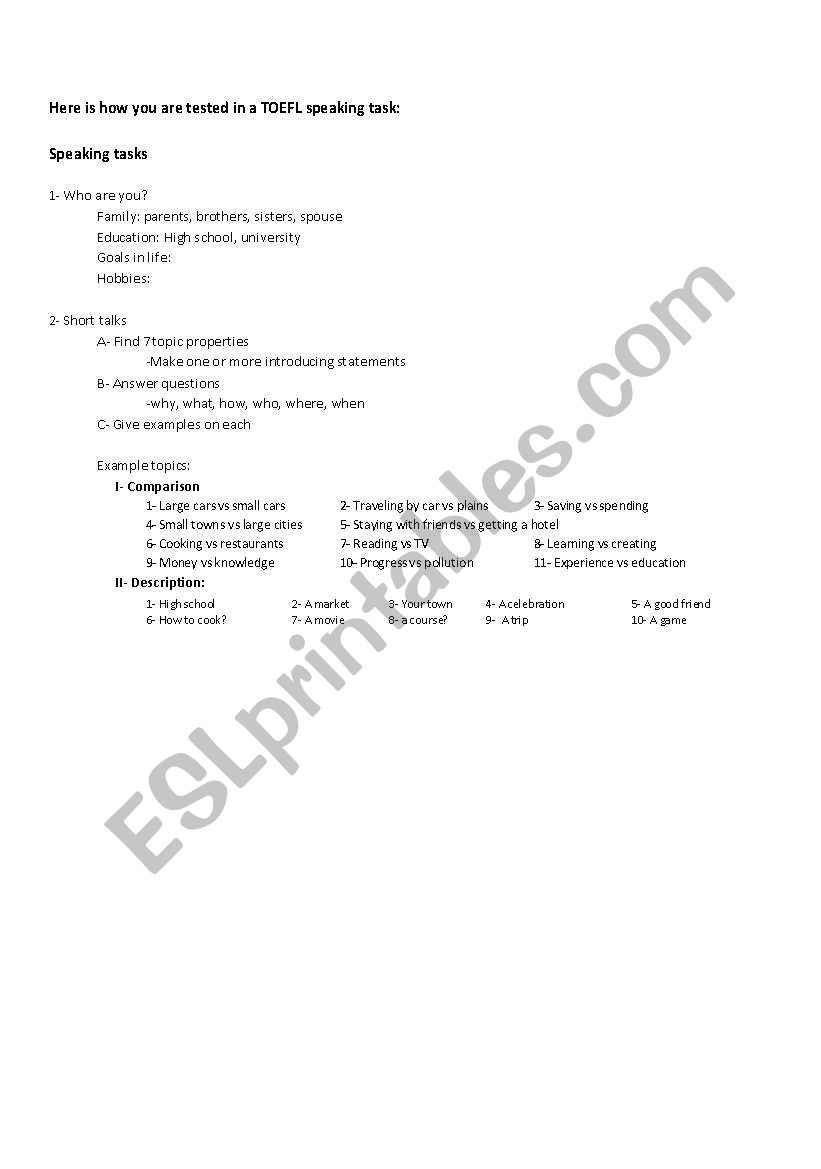 TOEFL speaking task worksheet