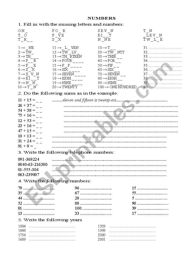 numbers worksheet