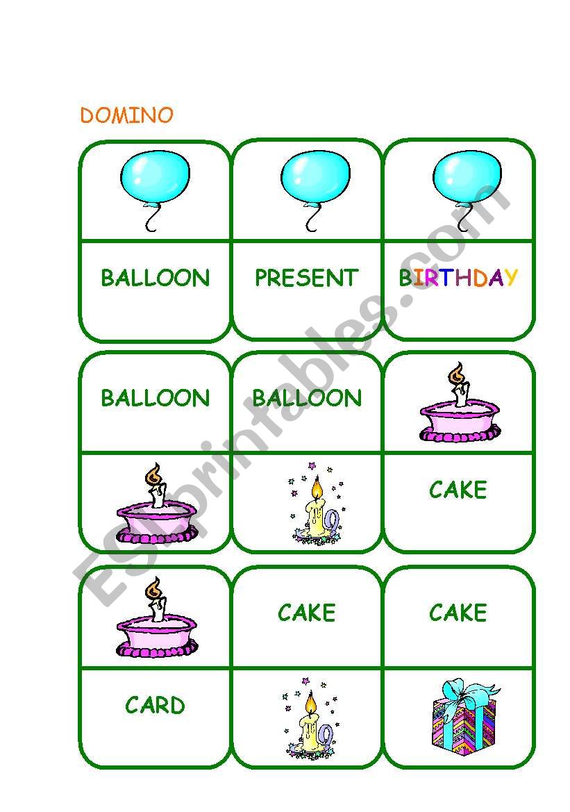 Domino - birthday vocabulary worksheet