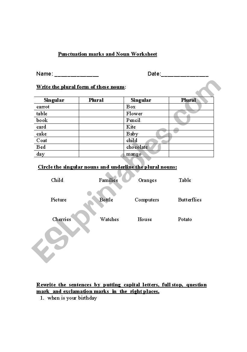 Nouns and punctuation worksheet