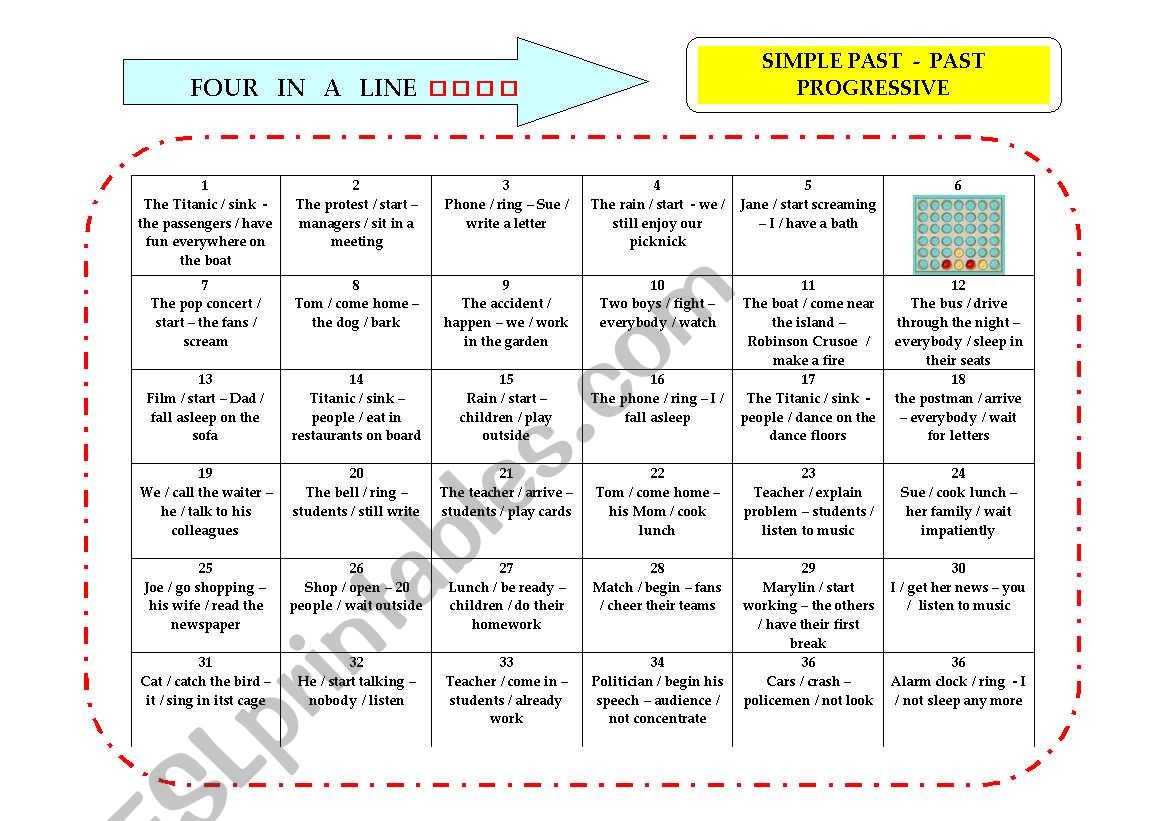 FOUR IN A LINE _1_:    Simple Past - Past Progressive  (~~ GAME~~) 