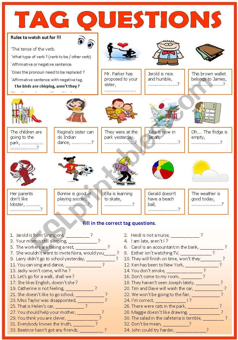 TAG QUESTIONS ( b/w & Keys) worksheet