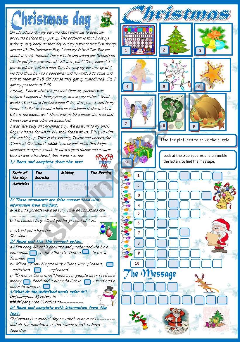 Christmas (2 pages)(A reading passage-A puzzle-A letter) (+KEY)