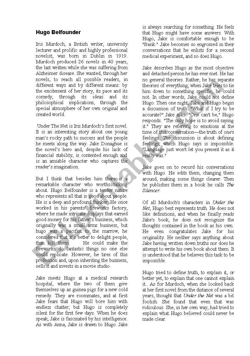 Iris Murdoch - Hugo Belfounder analysis 