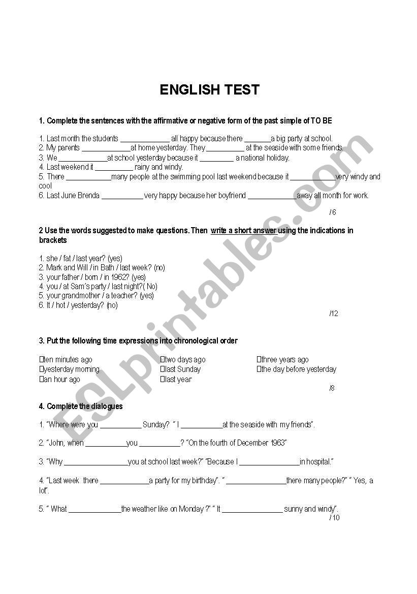 SIMPLE PAST TENSE TEST worksheet