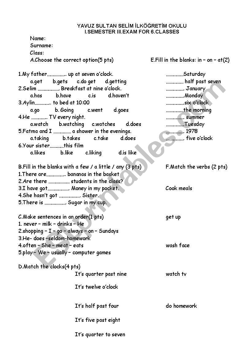 exam for 6. grade worksheet