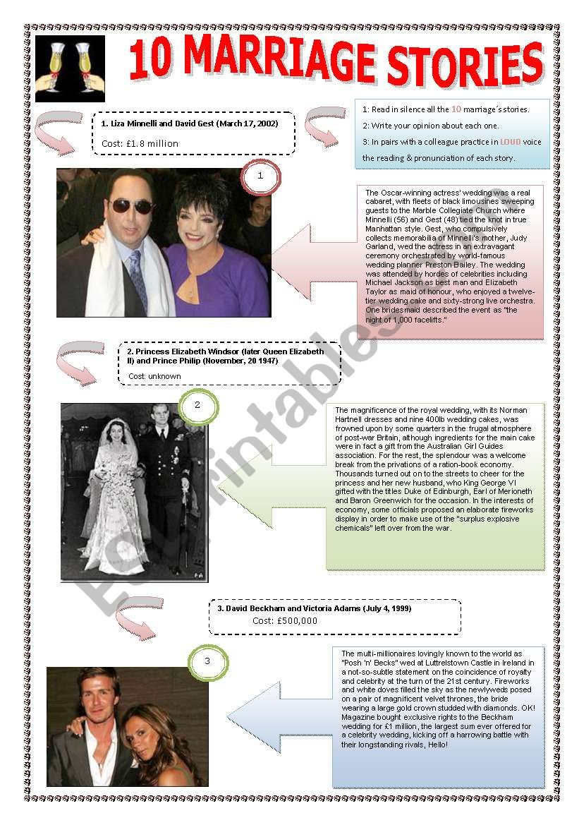 MARRIAGE & STORIES - (5 PAGES) The 10 most extravagant weddings ever‏ -  Complete ws with 10 famous celebrities + texts and  5 exercises + 11 extra activities