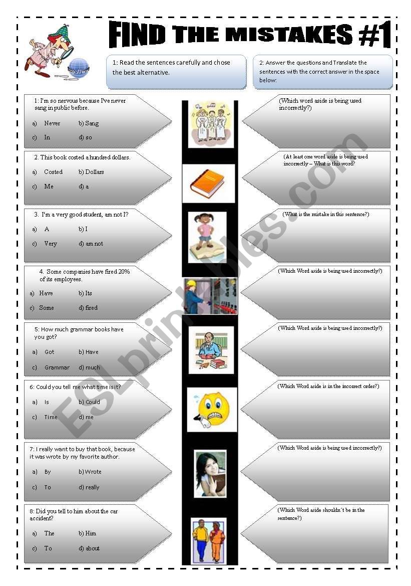 IMPROVING YOUR ENGLISH - (3 pages) FIND THE MISTAKES #1- 8 Sentences + 5 activities + answerkeys