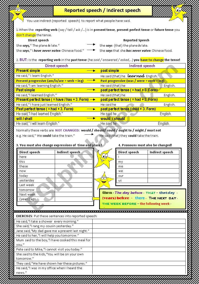 Reported speech / statements worksheet