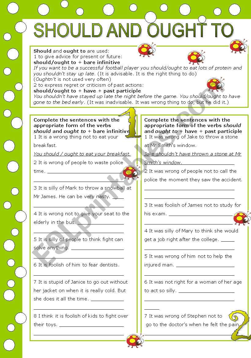 SHOULD AND OUGHT TO ( 2 pages, editable, with key)