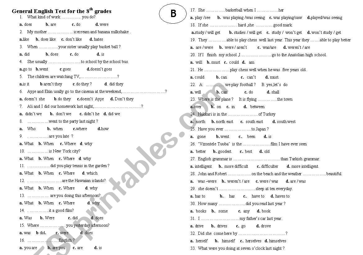 multiple choice test worksheet