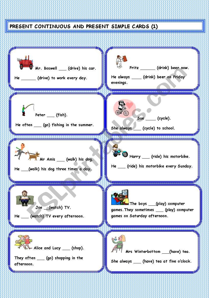 Present Simple and Present Continuous practice cards (ONE)