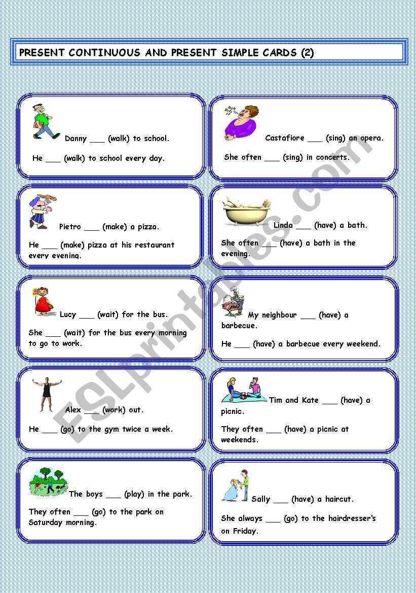 Present Simple and Present Continuous cards (TWO)